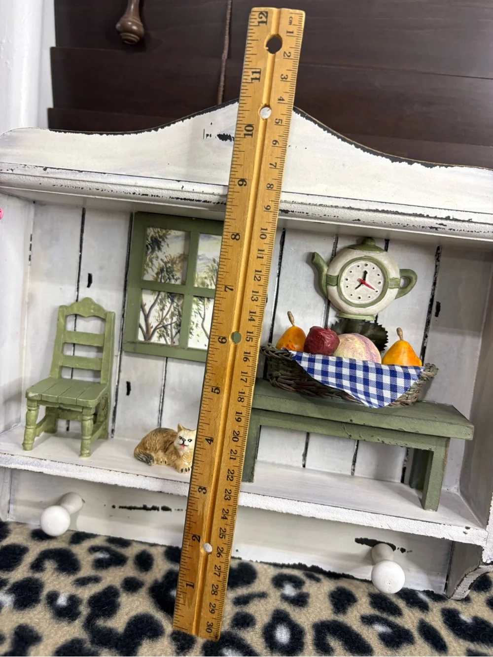 White Wooden Wall Shelf with Green Accents - Home Wall Decor